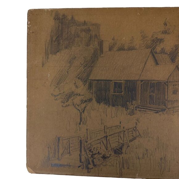 Pencil Drawing Cottage In The Woods Artist Unknown Unsigned Original Vintage - Picture 2 of 12